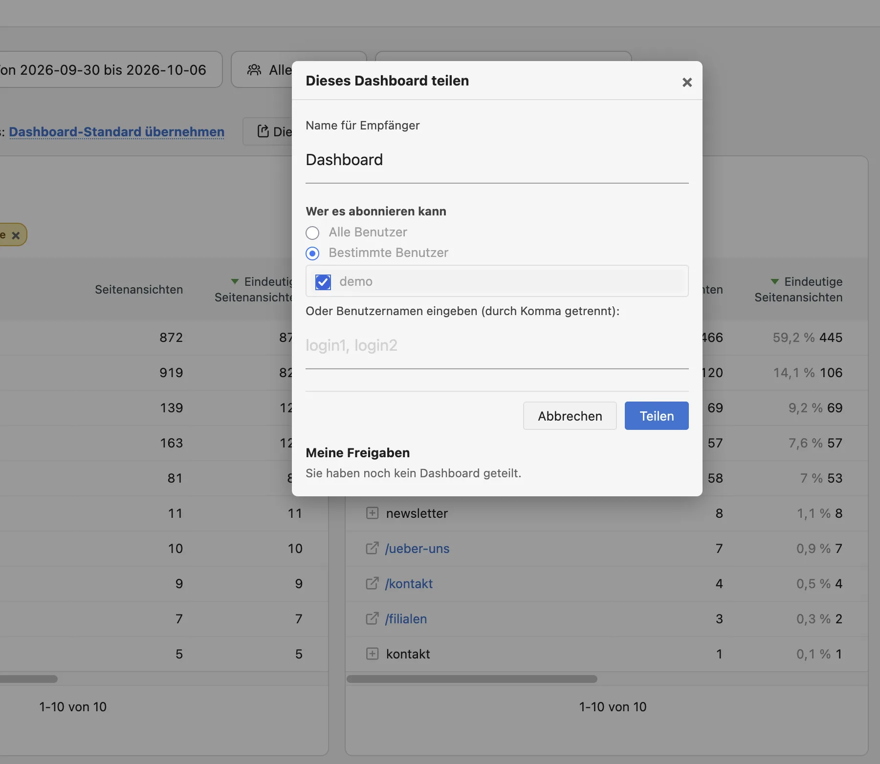 DashboardSegment: sharing a dashboard with selected users