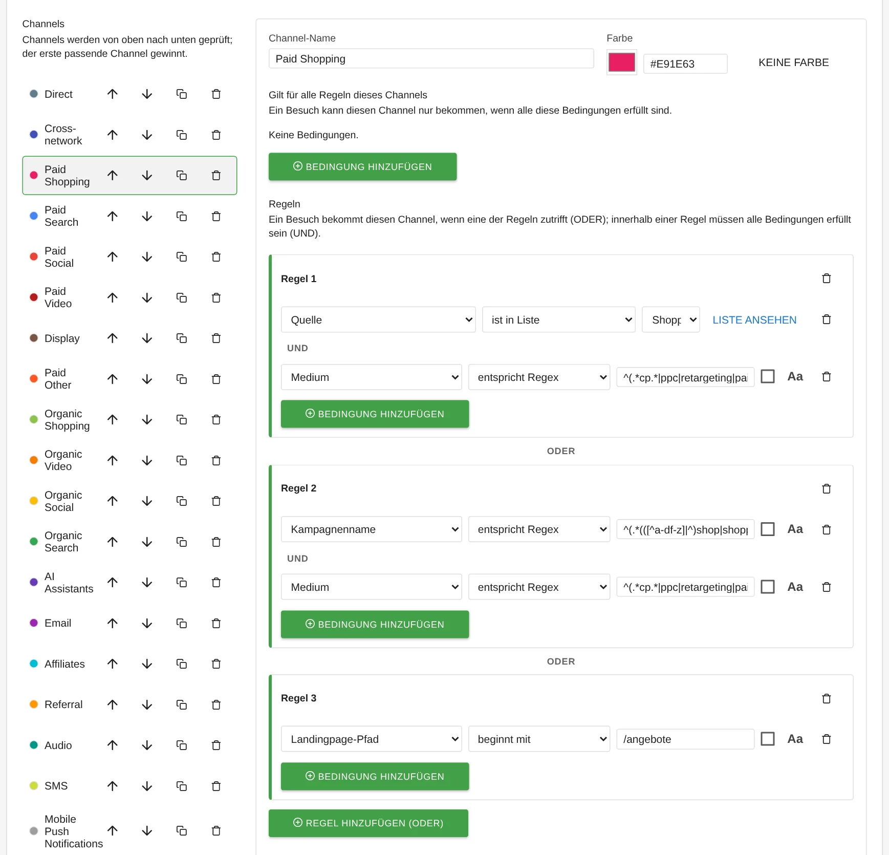 ChannelGrouping: editor with channel list and rules, value suggestions for the campaign source
