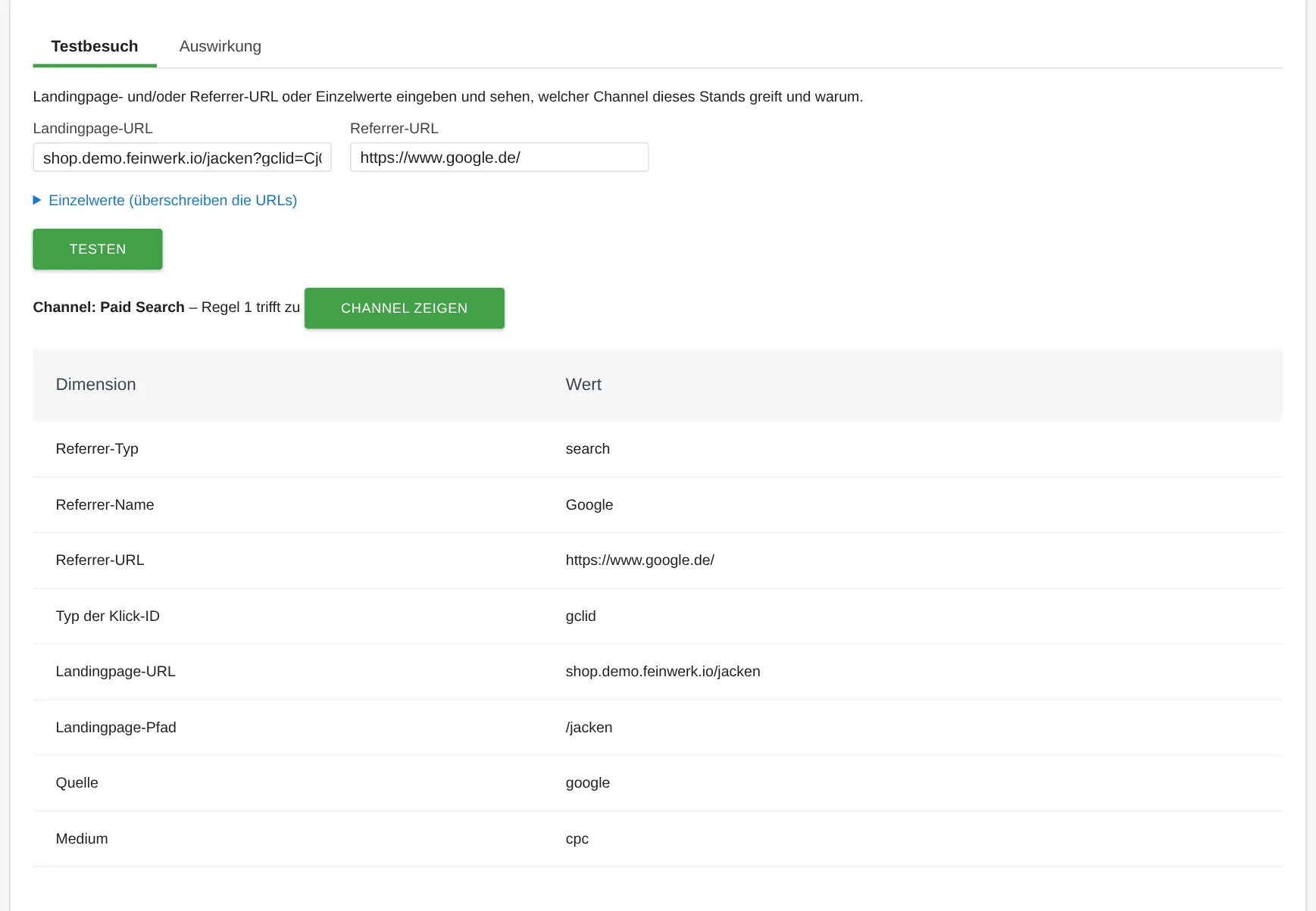 ChannelGrouping: test visit with a Google Ads click, result Paid Search with derived source and medium