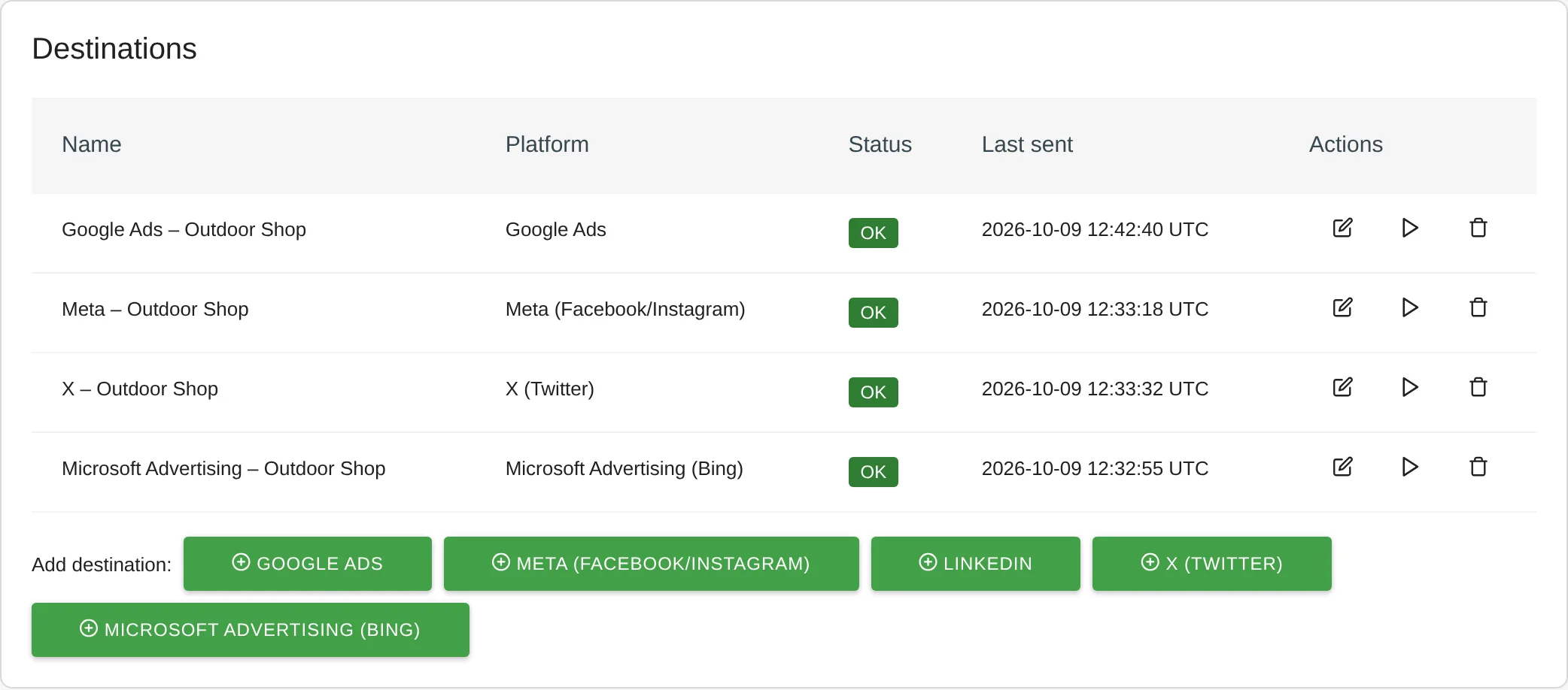 Conversions API: destinations for Google Ads, Meta, X and Microsoft Advertising