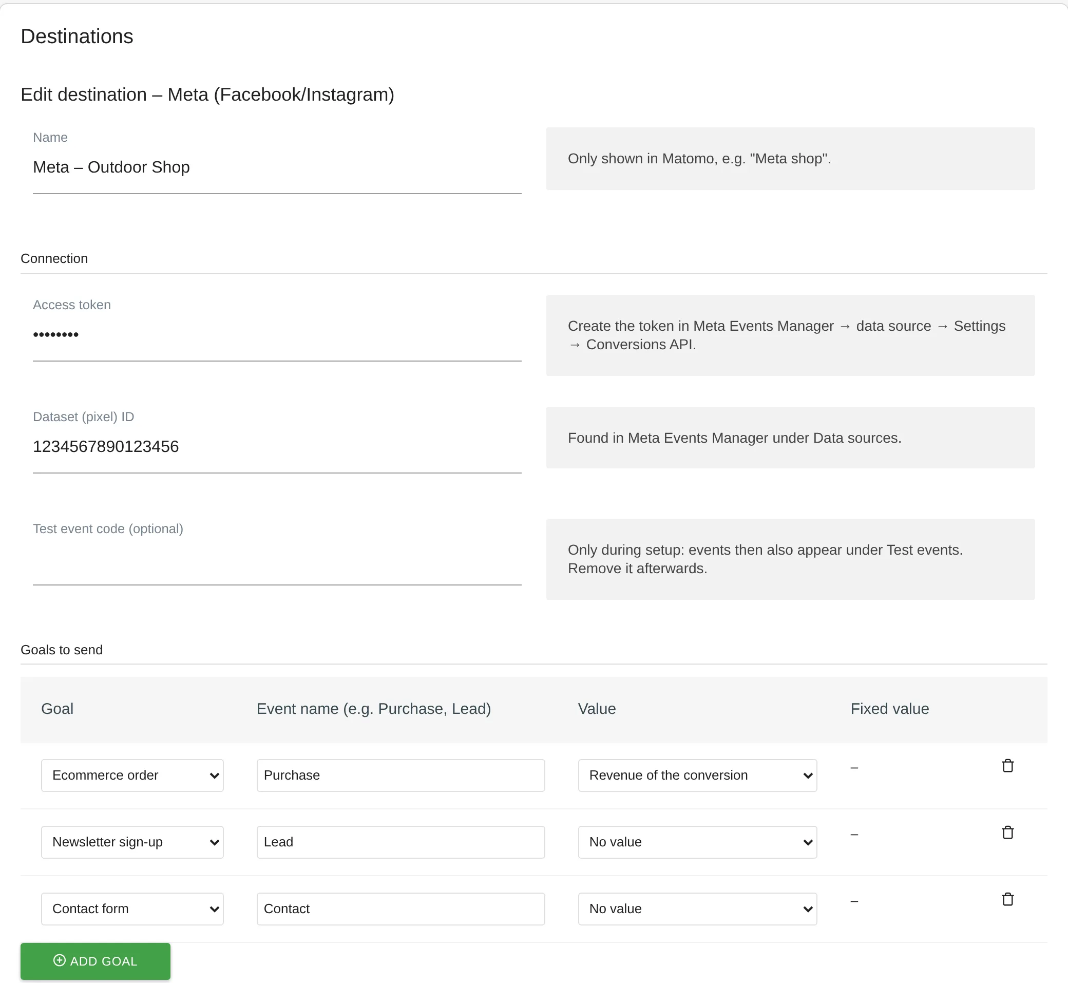 Conversions API: destination with Matomo goals mapped to platform events