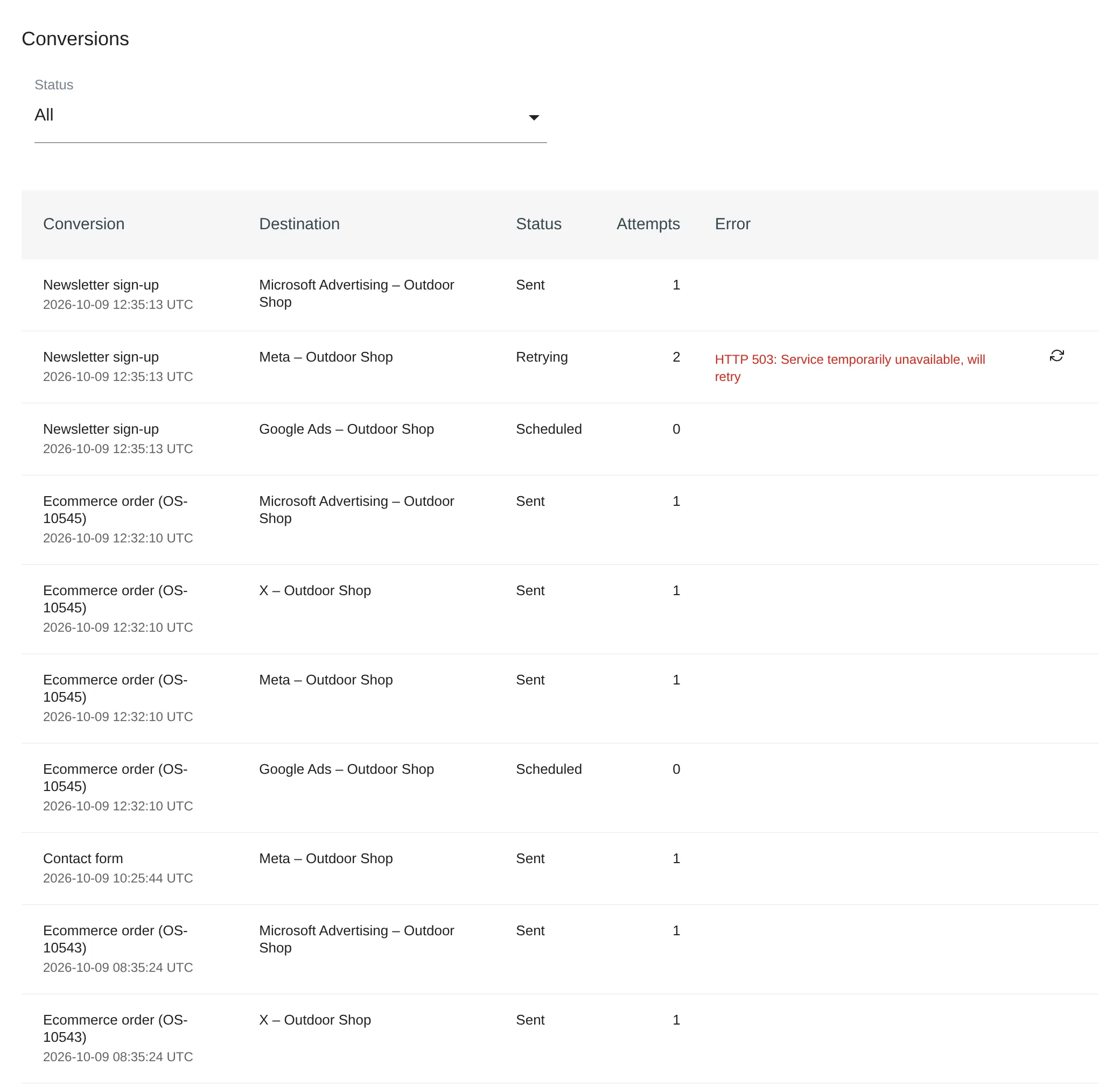 Conversions API: individual conversions with status and the platform's error message