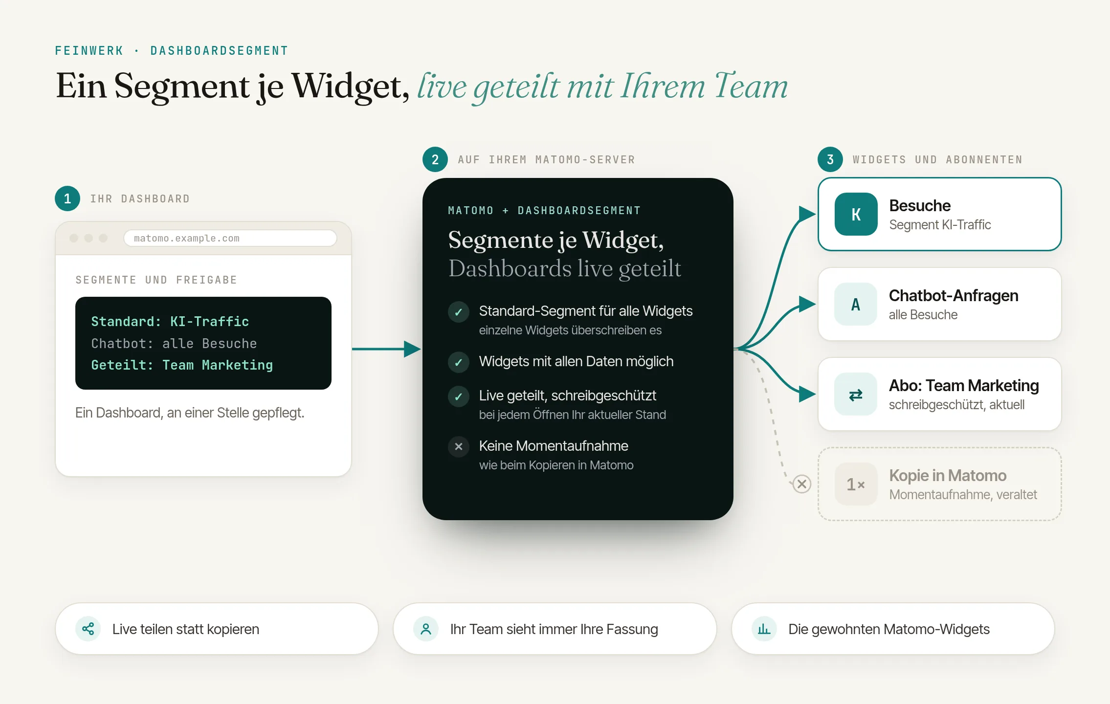 So funktioniert DashboardSegment: ein Segment je Widget und Dashboards, die Sie live mit Ihrem Team teilen