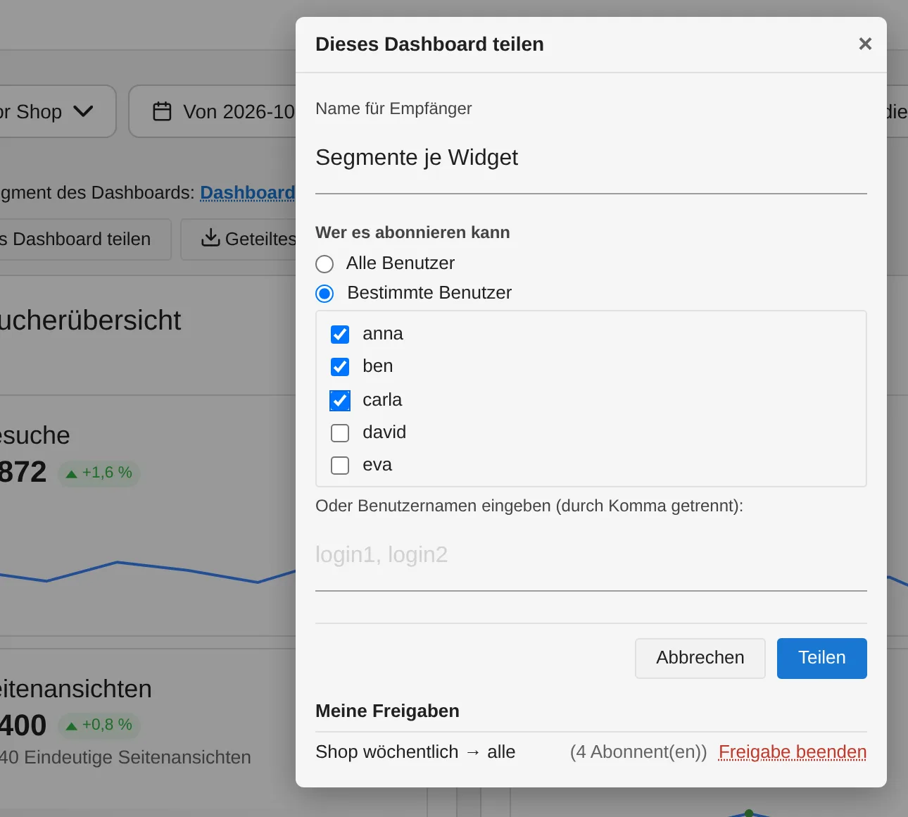 DashboardSharing: Dashboard mit allen Benutzern oder ausgewählten Kollegen teilen