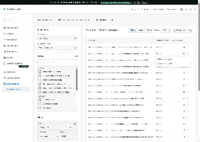Page URL by event category with the row filter "contains /shop" and the menu of a row.