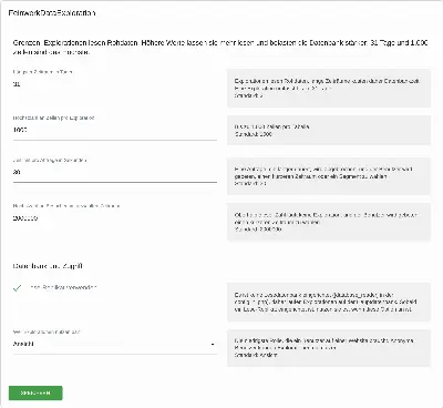 Die Einstellungen für Hauptadministratoren: Grenzen, Lese-Replikat und die Rolle, die Explorationen nutzen darf.