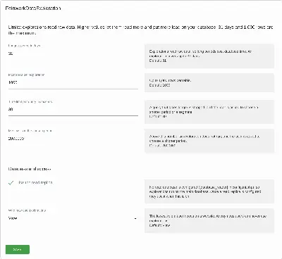The settings for super users: limits, read replica and the role that may use explorations.