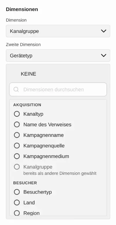 Die Auswahl der zweiten Dimension mit Suche und Gruppen.