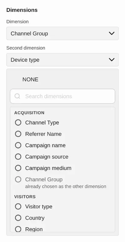 Choosing the second dimension, with search and groups.