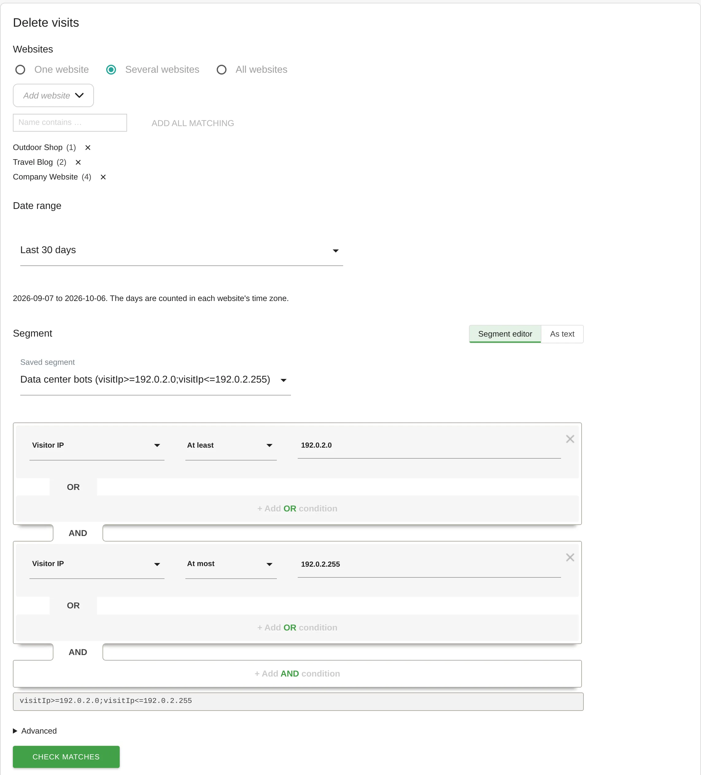 DeleteVisitsFilter: form with filter and date range