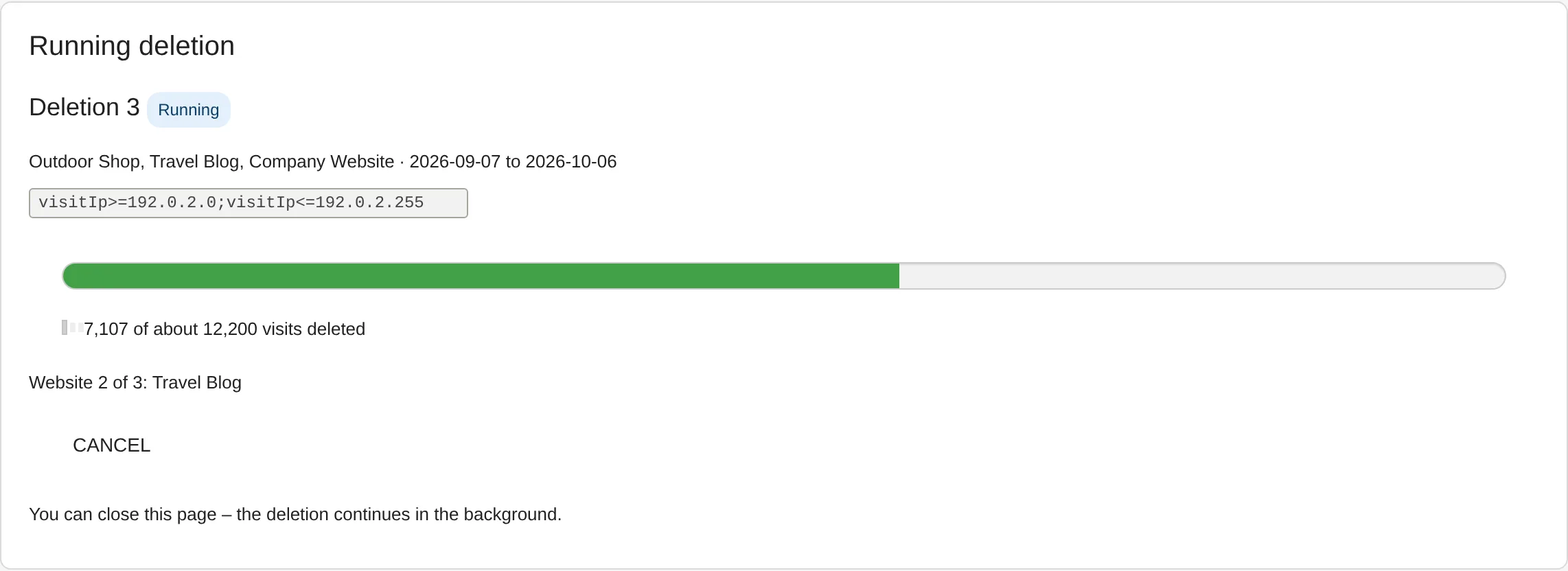 DeleteVisitsFilter: progress of a deletion job