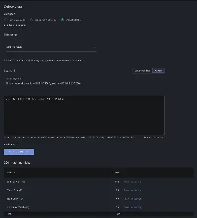 DeleteVisitsFilter: interface in dark mode