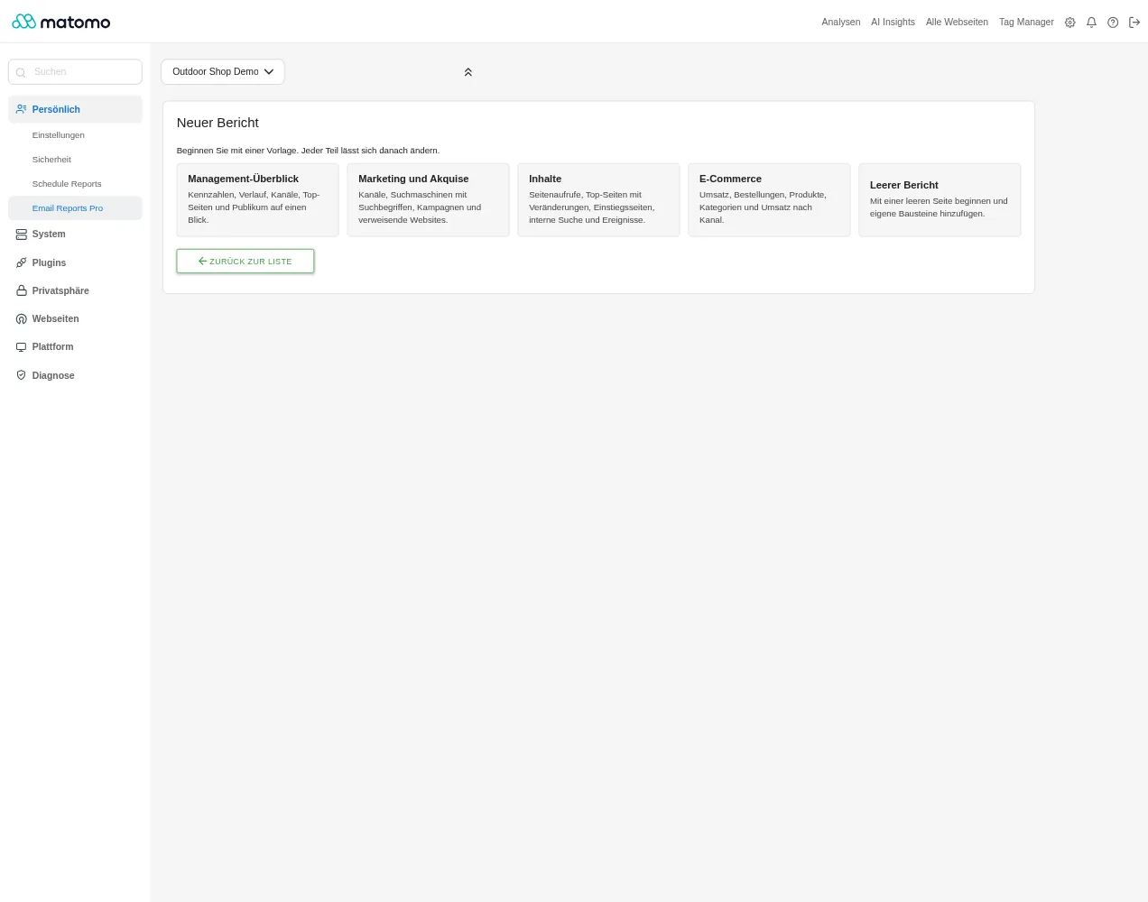 Neuer Bericht: Vorlagen für Management, Marketing, Inhalte und E-Commerce oder ein bestehender E-Mail-Bericht aus Matomo als Ausgangspunkt.