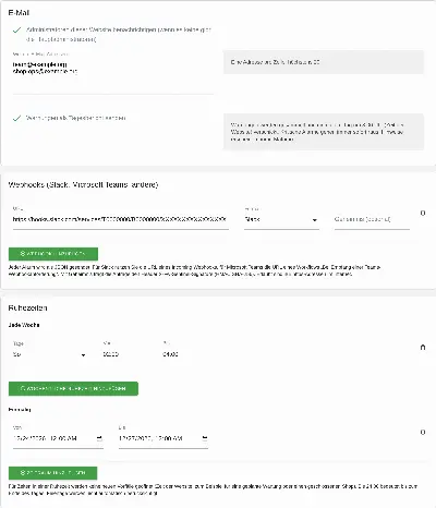 Empfänger, Webhooks für Slack und Microsoft Teams und Ruhezeiten auf der Seite von Sentinel