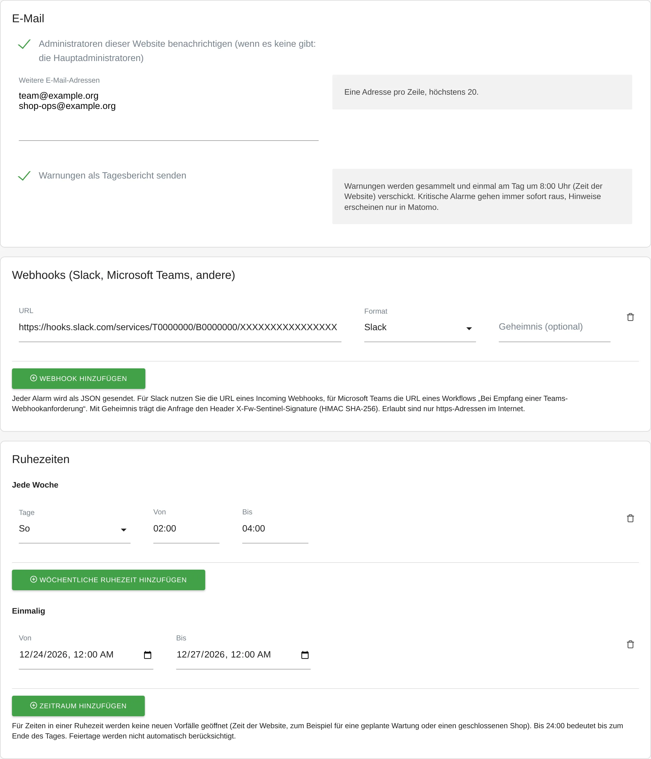 Empfänger, Webhooks für Slack und Microsoft Teams und Ruhezeiten auf der Seite von Sentinel