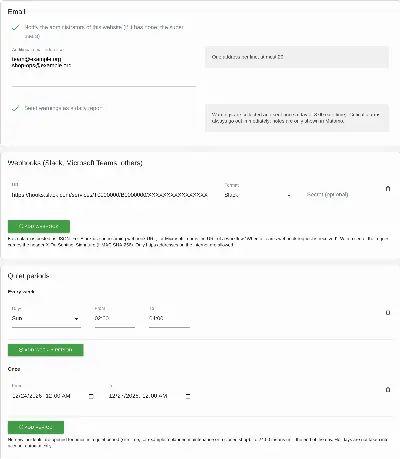 Recipients, webhooks for Slack and Microsoft Teams, and quiet periods on Sentinel's page