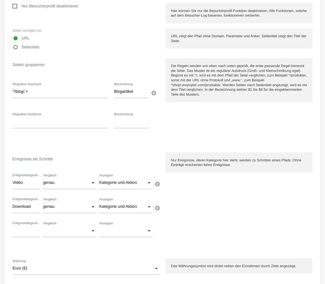 VisitJourney: Einstellungen der Website mit Regeln für Seitengruppen und Ereignissen als Schritte
