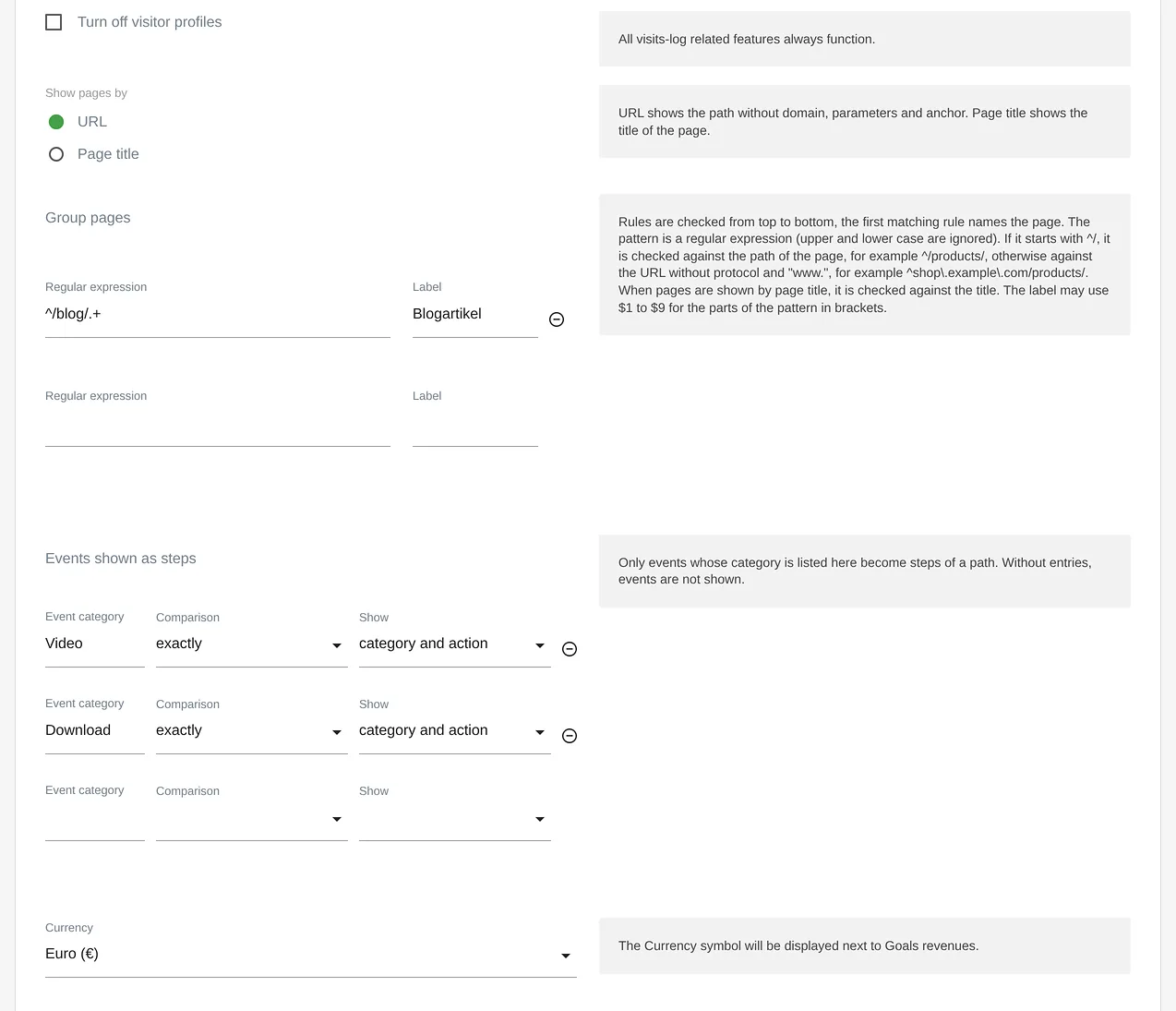 VisitJourney: website settings with rules for page groups and events as steps