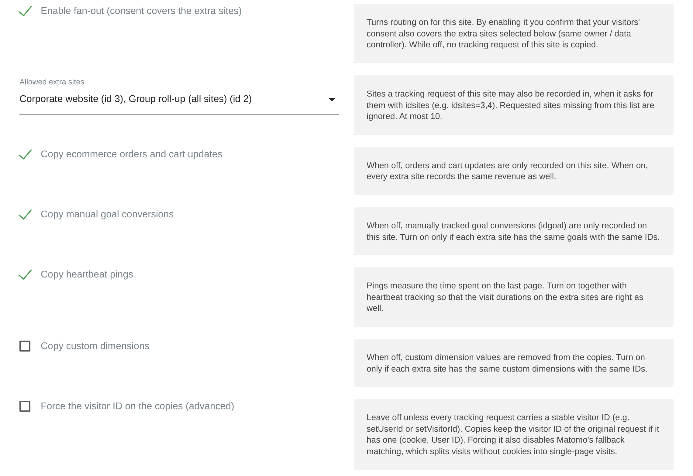 TrackingRouter: fan-out, allowed extra sites and what is copied, in the website settings